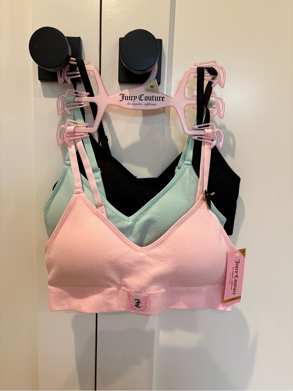 Juicy Couture Women's Ribbed Bralette - Pink, Mint & Black (3-Pack) size MEDIUM